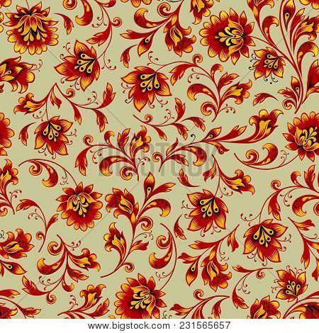 Floral Seamless Pattern. Flower Silhouette Ornament. Ornamental Flourish Background, Russian Native