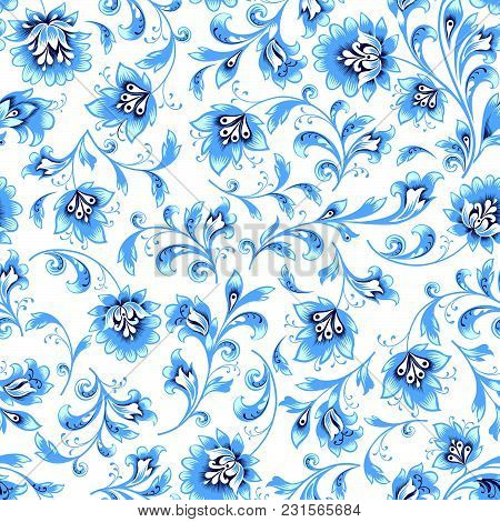 Floral Seamless Pattern. Flower Silhouette Ornament. Ornamental Flourish Background, Russian Native