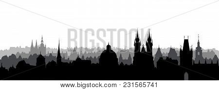 Prague City, Chezh. Urban Skyline With Cathedral Landmark Buildings Silhouette. Travel Prague Backgr