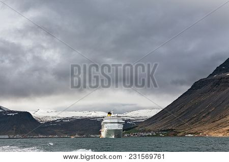 Cruise Ship Stopped In Isafjordur In A Cloudy Day, Iceland