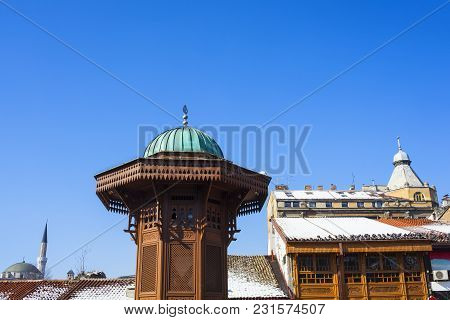 The Sebilj Is A Pseudo-ottoman-style Wooden Fountain (sebil) In The Centre Of Bascarsija Square In S