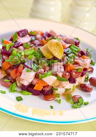 Salad With Bolied Beet Bean, Potato And Carrot
