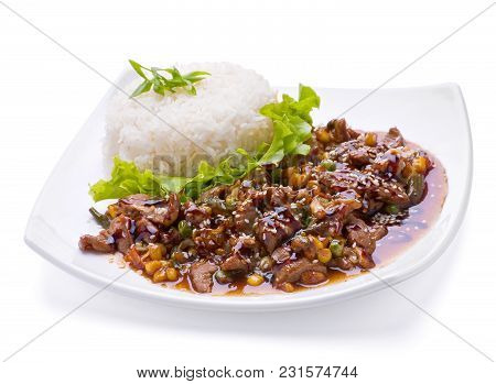 Fried Liver With Vegetable And Bolied Rice