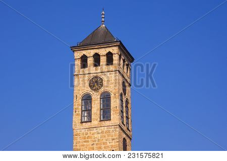 View Of The Clock Tower Called Sahat Kula In Sarajevo