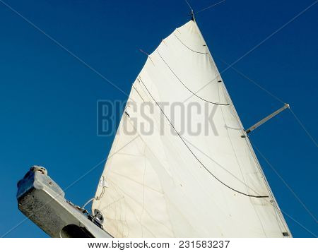 White Sail On Blue Sky Background. Sport Concept.