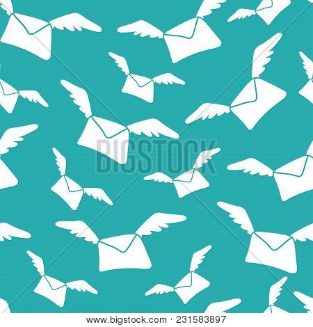 Seamless Pattern With Hand Drawn Flying Letters. White Envelope With Wings On Turquoise Background. 