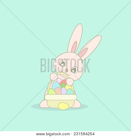 Cute Pink Easter Bunny With Easter Basket With Eggs Of Different Colors On Turquoise Background. Vec