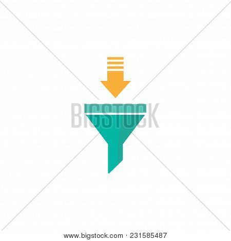 Turquoise Data Filter With Orange Arrow. Flat Data Funnel Icon. Isolated On White Background. Analyt