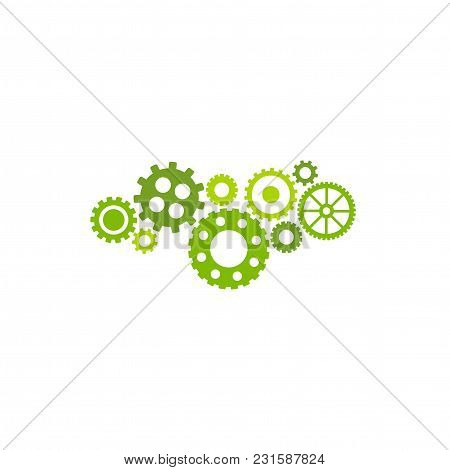 Gears Icon Isolated On White Background. Combination Of Pinions Of Bright Green Colors. Vector Flat 