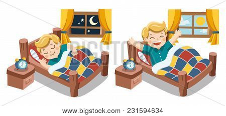 Isolated Vector. A Little Boy Sleeping On Tonight Dreams, Good Night And Sweet Dreams. He Wake Up In