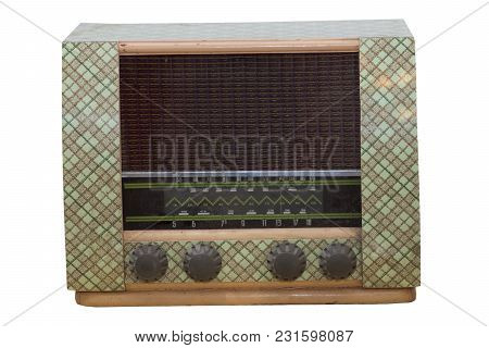 Old Radio Of Transistors Isolated On White. An Image Of What Communication Technology And Radios Use