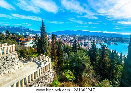 Aerial View At Cityscape Of Town Split In Croatia, Adriatic Sea Scenery.
