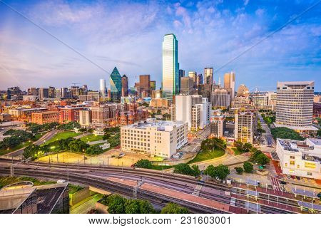 Dallas, Texas, USA downtown skyline at dusk.