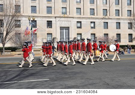 Washington, D.c. - March 11, 2018: Fife And Drum Corps-participants Of The Saint Patrick's Day Parad