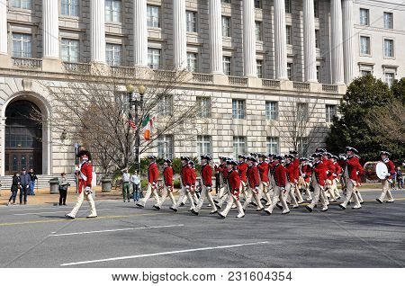 Washington, D.c. - March 11, 2018: Fife And Drum Corps-participants Of The Saint Patrick\'s Day Para