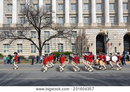 Washington, D.c. - March 11, 2018: Fife And Drum Corps-participants Of The Saint Patrick\'s Day Para