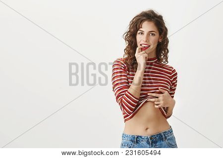 Yout Are Just My Type. Attractive Sensual Female With Curly Hairstyle, Wearing Trendy Cropped Top, S