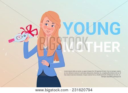 Young Mother Holding Positive Prenancy Test With Red Ribbon Bow Over Template Background Flat Vector