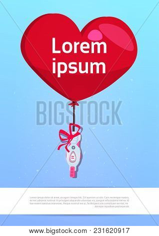 Positive Prenancy Test Flying With Heart Shapes Balloon Over Background With Copy Space Flat Vector 