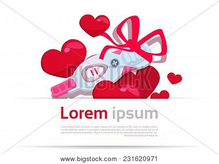 Positive Prenancy Test With Red Ribbon Bow Over Heart Shapes Background Flat Vector Illustration