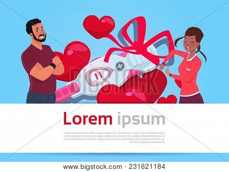 Woman Showing Man Positive Prenancy Test With Red Ribbon Bow Over Template Background With Heart Sha