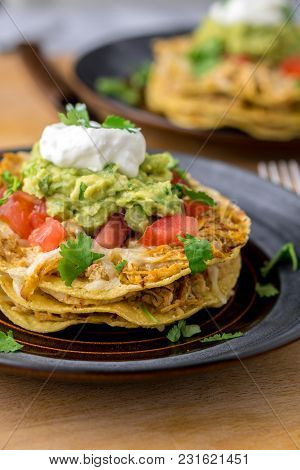 Stacked Tostada Dish Closeup.