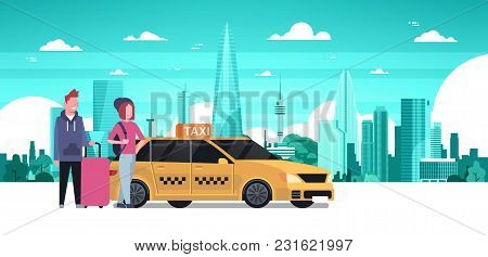 Passengers Couple Order Yellow Taxi Service Sit In Car Cab Over Silhouette City Background Flat Vect