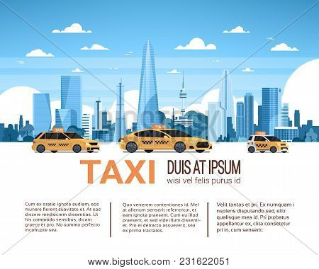 Taxi Service Template Infographic Banner With Copy Space, Yellow Cab Cars Over City Background Flat 