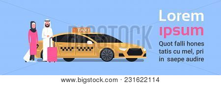 Arav Couple Of Passengers Sitting Down In Yellow Taxi Service Cab Over Background With Copy Space Fl