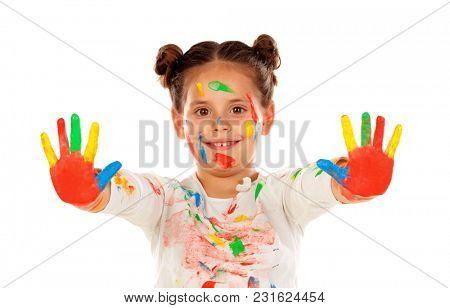 Funny girl with hands and face full of paint isolated on a white background