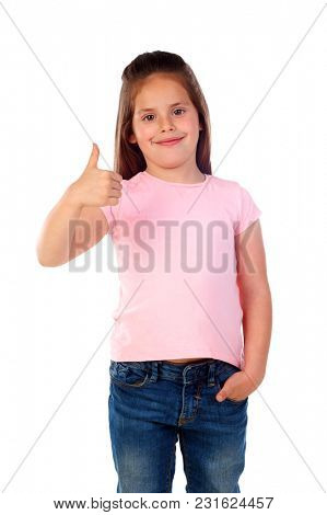Friendly child saying Ok with her thumb isolated on a white background