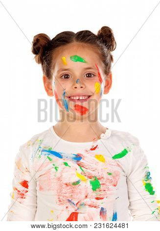 Funny girl with hands and face full of paint isolated on a white background