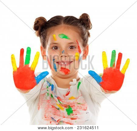 Funny girl with hands and face full of paint isolated on a white background