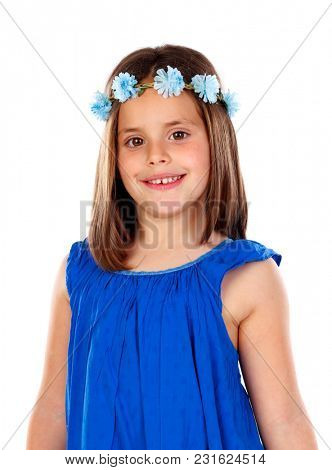 Beautiful small girl with blue dress and a flowersÃÂ´ wreath on her head isolated on a white background