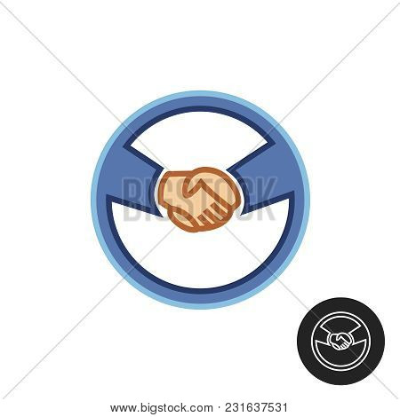 Hands With Car Steering Wheel. Car Deal Handshake Logo. Automotive Trade Driving Wheel Sign.