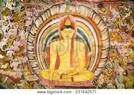 DAMBULLA, SRI LANKA - DEC 27, 2016: Buddha images inside Dambulla Cave Temple. Cave Temple is a World Heritage Site near Dambulla city on Dec 27, 2016. Sri Lanka.