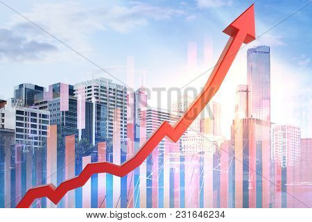 Abstract Upward Red Business Chart Arrow On City And Sky Background. Success And Finance Concept. Do