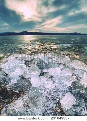 Climate Change. Detail Of Glacier Melting  In Bay. Spring Landscape With Melting Of Ice Floe.