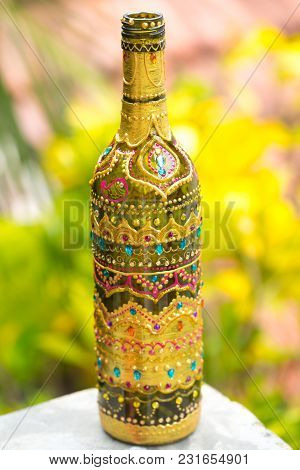Decorative Glass Bottle Is Painted And Decorated With Rhinestones