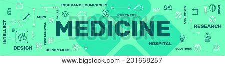 Medical Concept On Green Background. Vector Creative Illustration Of Madicine Word Lettering Typogra