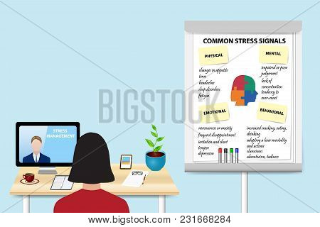 Woman Is Educating In Stress Management By A Man Communicating With Her From A Pc Standing On The Ta