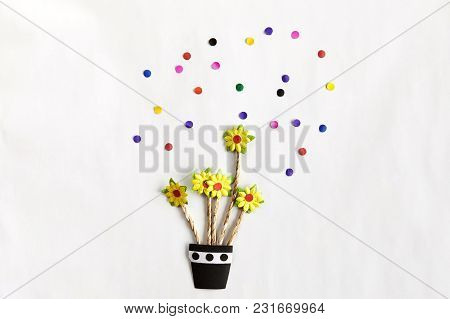 Color Paper Art, Yellow Flowers On A Vase With Deoration On White Background
