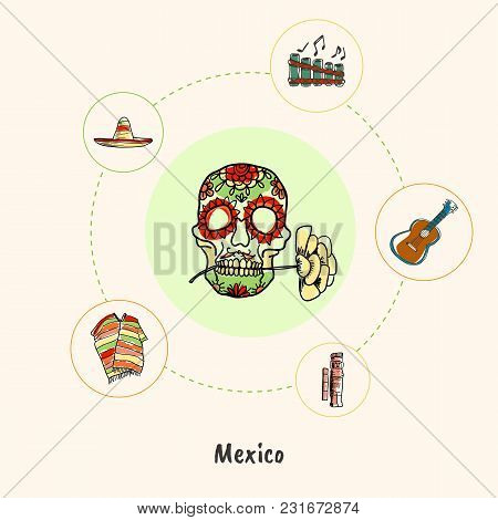 Attractive Mexico. Skull With Flower Colored Doodle Surrounded Guitar, Flute, Sombrero, Poncho, Maya
