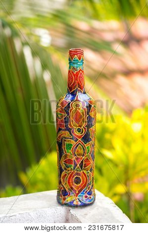 Decorative Glass Bottle Is Painted And Decorated With Rhinestones