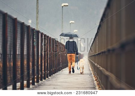 Gloomy Weather In The City. Man With His Dog (labrador Retriever) Walking In Rain On The Bridge. Pra