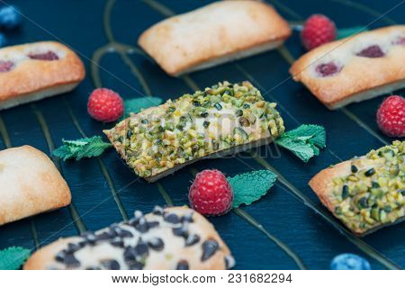 Vegan Cakes Decorated With Mint And Berries. Product Photography For Patisserie.