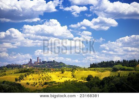 중세 Tuscan 성 아트 보기와 올리브 나무