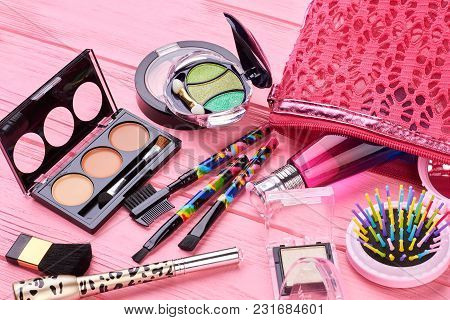 Female Makeup Kit, Wooden Background. Pink Makeup Bag And Collection Of Cosmetics Products, Pink Bac