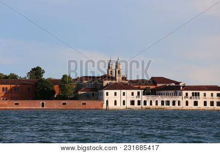 Venice Italy Buildings Of The Benedictines In San Servolo Island In The Venetian Lagoon. Benedictine