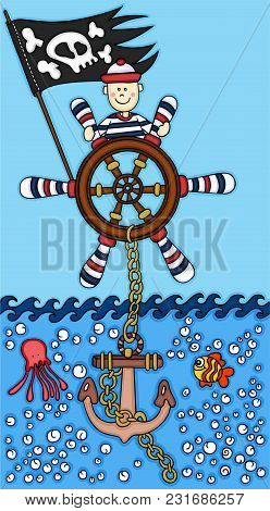 Scalable Vectorial Representing A Nautical Background With Smiling Sailor, Element For Design On Ble